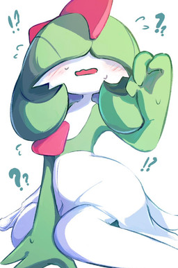 ambiguous_gender blush blush_lines bodily_fluids green_pseudo_hair interrobang kneeling obscured_eyes open_mouth pseudo_hair question_mark simple_background solo sweat sweatdrop white_body my_6633 nintendo pokemon gardevoir generation_3_pokemon humanoid hybrid pokemon_(species) ralts 2026 hi_res