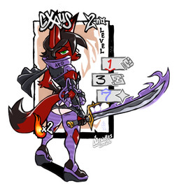 ambiguous_gender armor butt_window card clothing collar crystal facing_away_from_viewer fantasy gameplay_mechanics leggings legwear male melee_weapon platform_footwear solo stats stockings sword weapon mewdles cyrus_nightfire canid canine fox mammal