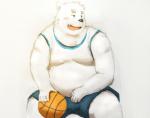 anthro athletic_wear ball basketball basketball_(ball) belly black_nose blue_eyes bottomwear clothing fur humanoid_hands male overweight overweight_anthro overweight_male shirt shorts simple_background solo sportswear topwear white_body white_fur maron2475 utau shirane_kan bear mammal polar_bear ursine 2018