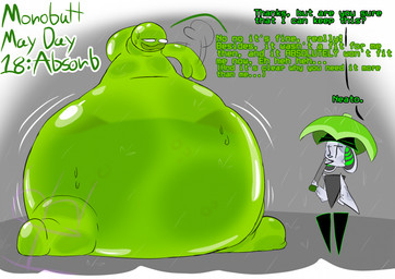 belly big_belly black_outline bodily_fluids color_coded_text dialogue grey_background huge_belly hyper hyper_belly inflation liquid_inflation motion_lines outline raining simple_background sweat umbrella water_inflation white_outline imhiddenhare jelly_(jellycave77) nito_(imhiddenhare) alien goo_creature 2026 hi_res signature