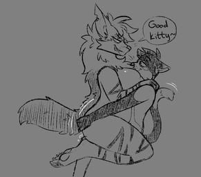 anthro butt butt_grab duo face_in_breasts female female_on_top hand_on_butt lap_dance_position larger_female male male/female on_top pawpads praise shoulder_grab size_difference smaller_male smile smirking_at_partner teasing kayptid hunter_(hhdrawer) calico_cat domestic_cat felid feline felis hyena mammal monochrome