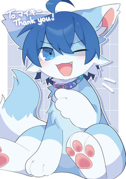 anthro blue_body blue_eyes blue_fur blue_hair chibi collar cute_fangs fangs feet fur hair hindpaw kemono male one_eye_closed pawpads paws sitting snaggle_tooth solo teeth wink monu_0w0 mikey_(mikey_fox) canid canine fox mammal absurd_res hi_res
