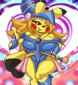 anthro anthrofied big_breasts blonde_hair breasts brown_eyes card_game clothing cosplay costume female gaming hair looking_at_viewer markings one_eye_closed pokemorph slightly_chubby slightly_chubby_anthro slightly_chubby_female solo striped_markings striped_tail stripes tail tail_markings thick_thighs tongue tongue_out video_game_reference wide_hips wink winking_at_viewer yellow_body shadowthespirit nintendo pokemon yu-gi-oh! bea_za_warudo_(genozawarudo) dark_magician_girl duel_monster generation_1_pokemon pikachu pokemon_(species) absurd_res hi_res