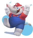 anthro belly big_belly blue_eyes blush clothing facial_hair gloves grey_body handwear hat headgear headwear humanoid_hands kemono male musical_note musical_symbol mustache overalls overweight overweight_male solo symbol trunk cai1448331577 mario_bros nintendo super_mario_bros_wonder elephant_mario mario elephant elephantid mammal proboscidean 2023 hi_res