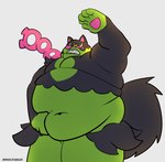 5_fingers anthro belly belly_grab big_belly black_body black_fur bodily_fluids fingers fluffy fluffy_tail fur green_body green_eyes green_fur hand_on_belly male multicolored_body multicolored_fur narrowed_eyes navel overweight overweight_anthro overweight_male pawpads pink_nose pink_pawpads sharp_teeth simple_background solo standing sweat sweatdrop tail teeth toxic_chain twitter_handle two_tone_body two_tone_fur white_background yellow_sclera mindof nintendo pokemon canid canine generation_9_pokemon legendary_pokemon mammal okidogi pokemon_(species) absurd_res hi_res