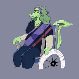 5_fingers accessory anthro disability female fingers freckles green_body green_hair green_scales grey_background grey_eyes hair hair_accessory hairband long_hair long_tail looking_at_viewer paraplegic scales simple_background sitting snout solo tail vehicle wheelchair yellow_sclera abyssalplasm cavemanon_studios i_wani_hug_that_gator olivia_halford baryonyx dinosaur prehistoric_species reptile scalie spinosaurid theropod 1:1 2024 absurd_res digital_drawing_(artwork) digital_media_(artwork) hi_res