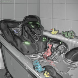 anthro bathing bathroom bathtub biped claw_foot_bathtub clothing cybernetic_arm cybernetic_limb hat hat_over_eyes headgear headwear male nipples rubber_duck sharp_teeth solo teeth trucker_hat nikkimory crocodile crocodilian reptile scalie 1:1 2026 digital_media_(artwork)