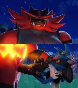 3d_background anthro balls belt big_balls big_chest big_penis black_penis blue_body blue_fur bodily_fluids claws clenched_teeth cum cum_on_body cumshot ejaculation erection fire fur genital_fluids genitals grass grey_body grey_fur hand_on_head hand_on_penis handjob happy holding_penis looking_at_another looking_at_partner looking_at_partner's_penis looking_down looking_down_at_partner looking_pleasured male male/male muscular muscular_arms muscular_legs muscular_male muscular_thighs night one_eye_closed orgasm orgasm_face outside outside_sex pecs penile penis plant red_body red_eyes red_fur sex sharp_teeth smile smiling_at_another smiling_at_partner smirk standing teeth thick_thighs yellow_eyes anonymous_artist nintendo pokemon generation_4_pokemon generation_7_pokemon incineroar lucario pokemon_(species) 3d_(artwork) blender_(artwork) blender_cycles_(artwork) digital_media_(artwork) hi_res