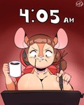 2024 absurd_res annoyed anthro artist beverage big_breasts breasts carlos_jurado_cartoons charlie_(cjr_cartoons) cleavage clothed clothing coffee coffee_mug cricetid drawing_pen drawing_tablet ears_up female focused focusing hamster hi_res mammal rodent solo time tongue tongue_out