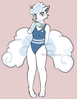 anthro blue_body blue_eyes blue_fur blue_hair blue_inner_ear blue_one-piece_swimsuit blush breasts brown_background cheek_tuft clothing facial_tuft female fur gloves_(marking) hair hand_behind_back heart_symbol knock-kneed markings multi_tail one-piece_swimsuit simple_background smile solo standing swimwear tail text tuft white_body white_fur rainypaws nintendo pokemon alolan_form alolan_vulpix generation_7_pokemon pokemon_(species) regional_form_(pokemon) 2019 artist_name hi_res