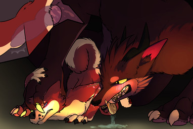 ambiguous_gender animal_genitalia animal_penis anthro blush bodily_fluids canine_genitalia canine_penis close-up drooling duo female genitals knot male male/female penis saliva size_difference teratophilia vulva 6-ft-demon canid canine canis domestic_dog mammal monster shiba_inu spitz hi_res