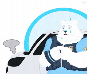 anthro blue_clothing bodily_fluids car clothing crying eyebrows fur male solo tears thick_eyebrows topwear vehicle vest white_body white_fur white_night06 lifewonders live_a_hero yohack canid canine canis domestic_dog mammal hi_res