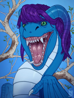 ambiguous_feral ambiguous_gender blue_body blue_wings bodily_fluids fangs feral glistening glistening_eyes green_eyes looking_at_viewer mane membrane_(anatomy) membranous_wings mouth_shot open_mouth pink_tongue plant purple_mane saliva saliva_string solo teeth tongue tree white_body wings riorix mythology dragon mythological_creature mythological_scalie scalie 2025 bust_portrait dated hi_res portrait