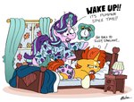 alarm_clock anthro autumn awake bed bedside_table bobthedalek clock clothing curtains duo equid equine eyewear female friendship_is_magic furniture furniture_lamp glasses hasbro hi_res horn male mammal my_little_pony mythological_creature mythological_equine mythology nightstand on_bed pajamas pink_clothing pink_underwear starlight_glimmer_(mlp) sunburst_(mlp) underwear unicorn window