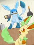 ambiguous_gender blush bodily_fluids cookware duo feral food kitchen kitchen_utensils open_mouth scared smile sweat tools kenikenikeke nintendo pokemon eeveelution generation_4_pokemon glaceon leafeon pokemon_(species) hi_res