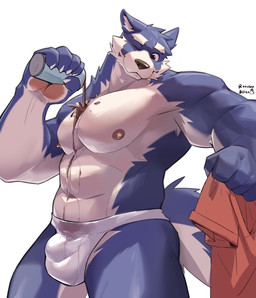 abs anthro beverage biceps briefs briefs_only bulge clothed clothing coffee male muscular muscular_male navel nipples one_eye_closed pecs pouring pouring_onto_self shirt simple_background solo spilled_drink spilling splash standing topless topwear underwear underwear_only white_background roosterbliss canid canine mammal 2022 hi_res