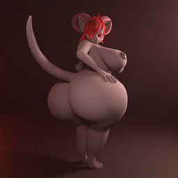 anthro areola belly big_belly big_breasts border breasts female fluffy_ears fur fur_markings grey_areola grey_body grey_fur grey_nipples hair hand_on_butt horn looking_at_viewer looking_down markings navel nipples nude rear_view red_border red_eyes red_hair red_sclera simple_background solo tail thick_thighs shipui ira_aetheria demon domestic_cat felid feline felis mammal 1:1 3d_(artwork) digital_media_(artwork) hi_res