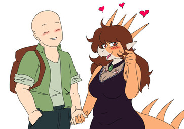 5_fingers anthro backpack bald belly black_clothing black_dress blush blush_lines bottomwear brown_hair clothing denim denim_bottomwear denim_clothing dress duo facial_horn female fingers green_clothing green_jacket green_topwear hair hand_holding hand_in_pocket head_spikes heart_symbol horn human_on_anthro interspecies jacket jeans light-skinned_male light_body light_skin long_hair long_tail looking_at_viewer male male/female multicolored_body multicolored_scales nose_horn open_mouth open_smile orange_body orange_scales pants pockets red_eyes scales simple_background slightly_chubby smile snout spiked_tail spikes spikes_(anatomy) tail tan_body tan_scales topwear two_tone_body two_tone_scales white_background arsenic_iii cavemanon_studios goodbye_volcano_high ko_op_(game_developer) snoot_game anon_(snoot_game) rosa_(gvh) aquilops ceratopsian dinosaur human mammal marginocephalian ornithischian prehistoric_species reptile scalie 2024 digital_drawing_(artwork) digital_media_(artwork) hi_res