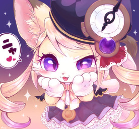 3_fingers :3 :d abstract_background alternative_fashion ambiguous_gender anthro bangs black_body black_fur blush bow_(feature) bow_tie cheek_tuft clock clothed clothing countershade_face countershading dipstick_ears dress drill_curls ear_markings facial_tuft fangs fingers fur gem gloves gradient_background hair handwear hat headgear headwear heart_symbol inner_ear_fluff j-fashion kemono lolita_(fashion) long_hair looking_at_viewer markings multicolored_body multicolored_ears multicolored_fur open_mouth pigtails pink_nose pink_tongue purple_clothing purple_eyes semi-anthro simple_background smile solo sparkles speech_bubble steampunk steampunk_lolita tan_body tan_fur teeth text tongue tuft whiskers white_body white_clothing white_countershading white_fur white_gloves white_handwear young pyonko cat_busters chrona_(cat_busters) domestic_cat felid feline felis mammal digital_media_(artwork) japanese_text translation_request male_(lore)