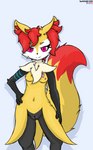 anthro black_body black_fur breasts dipstick_tail eyebrow_through_hair eyebrows female fur genitals hair markings multicolored_tail nipples nude pink_eyes presentation pussy solo tail tail_markings translucent translucent_hair yellow_body yellow_fur darkholm1 nintendo pokemon braxiss_(darkholm1) braixen canid canine generation_6_pokemon mammal pokemon_(species)