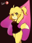 anthro blonde_hair breasts clothed clothing female fur hair hands_behind_head lingerie looking_at_viewer medium_breasts nightgown open_mouth ponytail simple_background solo tail thick_thighs tying_hair yellow_body yellow_fur fantharubi animal_crossing nintendo isabelle_(animal_crossing) canid canine canis domestic_dog mammal hi_res signature