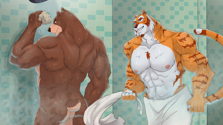abs anthro bathing bathing_together brown_body brown_fur butt butt_slap duo erect_nipples fur male male/male markings muscular muscular_anthro muscular_male nipples nude orange_body orange_fur pink_nipples public public_nudity shower_room showering simple_background slap smile smiling_at_another smiling_at_partner striped_body striped_fur striped_markings striped_tail stripes tail tail_markings towel towel_only towel_wrap wet wet_body wet_fur legless_dog furlough_games furry_shades_of_gay billy_(furlough_games) vance_(furlough_games) bear felid feline mammal pantherine tiger 16:9 hi_res widescreen