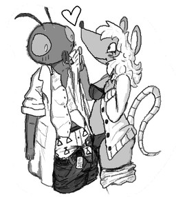 anthro belt blush bottomwear bottomwear_down bra breasts cardigan clothed clothing coat collared_shirt dress_pants dress_shirt duo eye_contact female grabbing_collar heart_symbol lab_coat looking_at_another male male/female panties pants pants_down partially_clothed print_clothing print_underwear shirt side_butt small_breasts smile topwear underwear warprat epic_games fortnite fortnite:_battle_royale doctor_theodore_flysbee_(fortnite) pepperrat arthropod fly_(animal) insect mammal murid murine rat rodent low_res monochrome