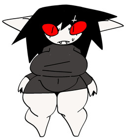 accessory alternate_species anthro belly big_breasts bodily_fluids breasts clothing cross dress fangs female grey_clothing grey_dress hair_accessory hairclip inverted_cross inverted_cross_hair_clip noseless pupils red_sclera shortstack shortstack_female simple_background slit_pupils solo sweat sweatdrop teeth thick_thighs tight_clothing tight_dress white_background white_body white_ears xarop77 catwitch_(xarop77) goblin 2025 full-length_portrait hi_res portrait