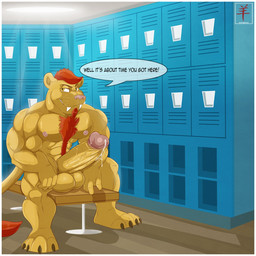 abs anthro athletic balls biceps big_balls big_muscles big_penis biped bodily_fluids border chest_fur chest_tuft claws dialogue dripping erection fangs fur genital_fluids genitals hair humanoid_genitalia humanoid_penis leaking locker locker_room looking_at_viewer male muscular muscular_anthro muscular_male nipples nude pecs penis pink_nose pose precum red_body red_fur red_hair sitting smile solo tan_body tan_fur teeth text thick_penis toe_claws tuft vein veiny_penis white_border yellow_body yellow_eyes yellow_fur aaron_(artist) felid mammal prehistoric_species saber-toothed_tiger 1:1 2014 digital_media_(artwork) english_text hi_res