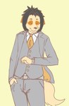 anthro black_hair clock clothing dress_shirt eyes_closed fur grey_clothing grey_suit grey_topwear grey_vest hair hand_in_pocket looking_at_watch male necktie orange_necktie pockets shirt simple_background solo suit tan_background tan_body tan_fur topwear vest watch wristwatch zangusuu morenatsu kyouji_(morenatsu) bird_dog canid canine canis domestic_dog hunting_dog labrador mammal retriever 2013 colored