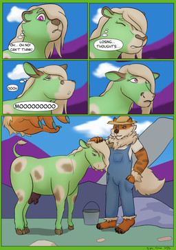 ankle_tuft anthro_to_feral arm_tuft black_nails blonde_hair blue_eyes blue_nails brown_markings bucket cheek_tuft clothed clothing cloud colored_nails container countershade_face countershading detailed_background duo eyelashes facial_tuft farmer female fur green_body green_inner_ear hair hand_in_pocket hand_on_head hat headgear headwear hooves intelligence_loss leg_tuft looking_down macro male male/female mane markings mountain nails one_eye_obstructed orange_body orange_fur overalls plantigrade pockets purple_eyes rock species_transformation speech_bubble spots spotted_body standing straw_hat teats text transformation tuft udders wrist_tuft pickles-hyena nintendo pokemon mr._henderson pistachio_(pickles_hyena) arcanine bovid bovine cattle generation_1_pokemon mammal mephitid pokemon_(species) skunk comic english_text hi_res