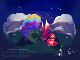 ambiguous_gender black_nose blue_body brown_nose cloud confetti detailed_background duo eyes_closed feral fluffy fluffy_tail grass green_body lying multicolored_body multicolored_ears multicolored_tail night on_front orange_body orange_ears orange_tail pinata plant red_body red_tail shooting_star sky skyscape sleeping sleeping_together star tail white_ears yellow_body yellow_tail a-drain rareware viva_pinata fergy_fudgehog paulie_pretztail animate_inanimate canid canine fox fudgehog living_pinata mammal pretztail 2025 4:3 absurd_res digital_media_(artwork) hi_res signature male_(lore)