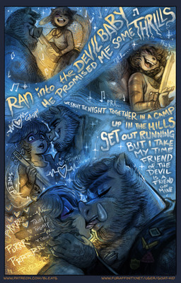 acoustic_guitar anthro beard brown_body brown_fur brown_stripes clothing denim denim_clothing denim_topwear denim_vest duo eyes_closed facial_hair fangs french_kissing fur grey_hair guitar hair kissing male male/male musical_instrument open_mouth open_smile plucked_string_instrument shirt smile string_instrument striped_body striped_fur stripes tank_top teeth text topwear tusks vest wide_eyed yellow_body yellow_fur bleats burnside_(bleats) summer_(bleats) domestic_cat felid feline felis mammal suid suine sus_(pig) wild_boar comic english_text hi_res multiple_scenes signature url