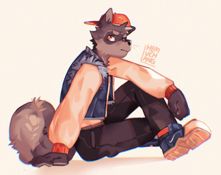 anthro biped black_bottomwear black_clothing black_pants blue_clothing blue_jacket blue_topwear bottomwear clothing fur grey_body grey_fur hat headgear headwear jacket male pants red_clothing red_eyes red_hat red_headwear solo sweater topwear white_clothing white_sweater white_topwear hemuchang mammal procyonid raccoon 2022 hi_res