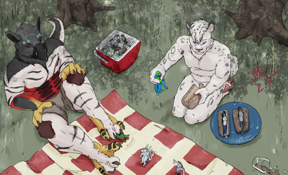 anthro bedding blanket blue_body blue_fur claws day feet female fur group hot_dog_bun imminent_oral_vore imminent_vore kneeling male male/male micro nipples outside picnic picnic_blanket plant plate public sitting tree underfoot vore white_body white_fur jeri_kleinlowe mythology avian dragon felid gryphon mammal mythological_avian mythological_creature mythological_scalie pantherine scalie snow_leopard 2025 colored dated hi_res signature