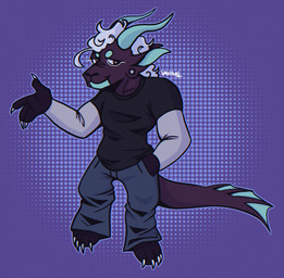 ambiguous_gender anthro barefoot bottomwear brown_eyes chibi circle_eyebrows claws clothing curly_hair denim denim_bottomwear denim_clothing eyebrows feet hair horn jeans pants shirt solo t-shirt tail topwear white_hair vaxhunt final_fantasy square_enix behemoth_(final_fantasy) nonbinary_(lore)