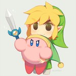 1:1 alien blonde_hair blue_eyes blush carrying_another clothing crossover duo elf hair hat headgear headwear holding_object holding_sword holding_weapon humanoid humanoid_pointy_ears hylian kirby kirby_(series) light_body light_skin male melee_weapon nintendo not_furry pink_body signature simple_background smile sword the_legend_of_zelda toon_link waddling_head weapon wind_waker wusagi2