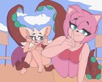 anthro breasts clothing duo female flashing flashing_breasts one-piece_swimsuit smile smiling_at_viewer smirk smirking_at_viewer swimwear tentacles wings sh1vss sega sonic_the_hedgehog_(series) amy_rose rouge_the_bat 5:4 absurd_res hi_res