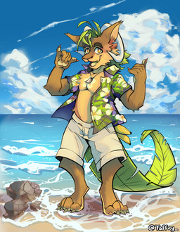 aloha_shirt anthro banana beach bottomwear bovid_horn brown_body brown_fur caprine_horn clothing cloud contrail digitigrade food fruit fur gesture grass_hair hand_gesture horn leaf leaf_tail male open_mouth open_smile pattern_clothing pattern_shirt pattern_topwear plant ram_horn sand sea shaka_sign shell_necklace shirt shore shorts smile solo tail topwear unbuttoned_shirt water wave taffry kalei_(hydro19) elemental_creature flora_fauna furred_kobold furred_scalie hybrid kobold scalie hi_res