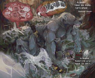 anus bodily_fluids breed butt claws crystal cum cum_inflation cum_inside cum_pool dominant dominant_male duo fantasy forest fur genital_fluids good_boy grey_body grey_fur grey_hair hair horn inflation male male/male muscular ovum pawpads pecs pinned plant pregnant pregnant_male saliva saliva_string slosh sperm_cell sperm_cell_with_face teeth text tongue tree artjackal elden_ring fromsoftware mythology blaidd_(elden_ring) canid canine canis hybrid jackal mammal mythological_canine mythological_creature werecanid werecanine werecreature werewolf wolf hi_res