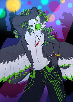 anthro beak bondage_pants bottomwear clothed clothing dance_floor dreadlocks glowstick group male pants rave solo_focus spread_wings topless wings demicoeur bruta avian bird owl digital_media_(artwork)