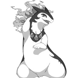 ambiguous_gender anthro biped crotch_tuft fangs fire flaming_hair flaming_mane front_view fur hand_behind_head lidded_eyes looking_at_viewer multicolored_body multicolored_fur open_mouth open_smile pose pseudo_hair pseudo_mane semi-anthro simple_background smile solo standing teeth tuft two_tone_body two_tone_fur white_background noye nintendo pokemon generation_8_pokemon hisuian_form hisuian_typhlosion pokemon_(species) regional_form_(pokemon) 1:1 2025 digital_media_(artwork) greyscale hi_res monochrome portrait three-quarter_portrait