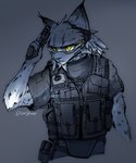 ambiguous_gender anthro armor body_armor clothing grey_background gun police police_uniform ranged_weapon simple_background solo spots uniform weapon white_body yellow_eyes endjfcar hartman_(hunglee) felid feline lynx mammal 2018 5:6 half-length_portrait hi_res portrait