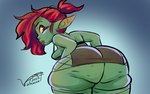 big_butt breasts butt female goblin green_body green_skin hair humanoid humanoid_pointy_ears looking_at_viewer looking_back looking_back_at_viewer monster_girl_(genre) not_furry red_eyes red_hair short_stack simple_background solo tagme thick_thighs volamont