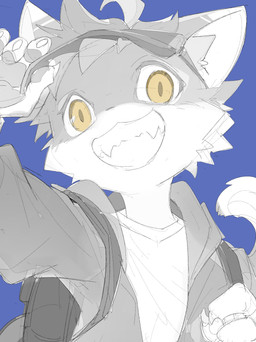 amber_eyes anthro backpack blue_background claws clothed clothed_anthro clothed_male clothing countershade_face countershade_fur countershade_torso countershading dark_body dark_fur finger_claws fur grin grinning_at_viewer hat headgear headwear holding_clothing holding_hat holding_headgear holding_headwear holding_object inner_ear_fluff jacket light_body light_fur looking_at_viewer male pawpads pupils shirt simple_background slit_pupils smile smiling_at_viewer solo tail toothy_grin topwear tuft visor_cap white_sclera chiayeeee sunside_(sunsidenese) felid feline mammal 2023 absurd_res digital_drawing_(artwork) digital_media_(artwork) hi_res