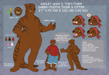 anthro bandana_on_head brown_eyes claws color_swatch fur happy male nude plantigrade smile snarling solo striped_body striped_fur stripes teeth tired tongue smiggles ashley_(ashleywylde) hybrid 2025 hi_res model_sheet nonbinary_(lore)
