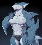 abs anthro biceps black_background claws clothing dorsal_fin elbow_fin fin fish gills half-length_portrait hand_on_chest head_fin male marine muscular muscular_anthro muscular_male navel pecs portrait shark shark_tail simple_background solo speedo standing swimwear velk yellow_eyes