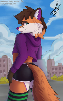 absolute_territory anthro athletic_wear black_bottomwear black_clothing black_shorts blue_eyes bottomwear brown_body brown_fur city city_background clothing computer crop_top dolphin_shorts electronics femboy fur green_clothing green_legwear green_thigh_highs gym_bottomwear gym_shorts holding_object laptop legwear looking_away male orange_body orange_fur outside pattern_clothing pattern_legwear pattern_thigh_highs purple_body purple_clothing purple_fur purple_shirt purple_topwear shirt shorts smile solo standing striped_clothing striped_legwear striped_thigh_highs stripes text thigh_highs topwear white_body white_fur novav33 mochafox_(itsmochafox) canid canine fox mammal red_fox true_fox absurd_res english_text hi_res