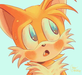 anthro bangs blush bodily_fluids cheek_tuft chest_tuft facial_tuft fangs front_view fur looking_at_another male multicolored_body multicolored_fur open_mouth simple_background solo sweat sweatdrop teeth tongue tuft gr_cup sega sonic_the_hedgehog_(series) miles_prower canid canine fox mammal hi_res signature