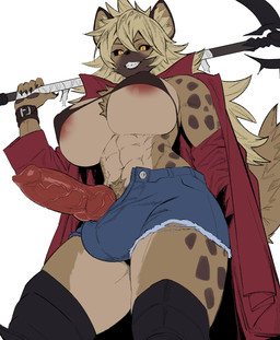 abs animal_genitalia animal_penis anthro areola areola_slip big_breasts big_penis black_nose bottomwear bra breasts canine_genitalia canine_penis chest_tuft clothing erection eyelashes fur genitals grin gynomorph gynomorph_anthro hair holding_object holding_weapon huge_breasts intersex intersex_anthro knot knotted_penis looking_at_viewer markings melee_weapon muscular muscular_anthro penis pubes shorts simple_background smile solo spots spotted_body spotted_fur standing tail thick_thighs tuft underwear vein veiny_penis weapon kissxmaker hyena mammal spotted_hyena 2025 hi_res
